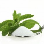 Fresh Stevia Rebaudiana and sugar in a spoon